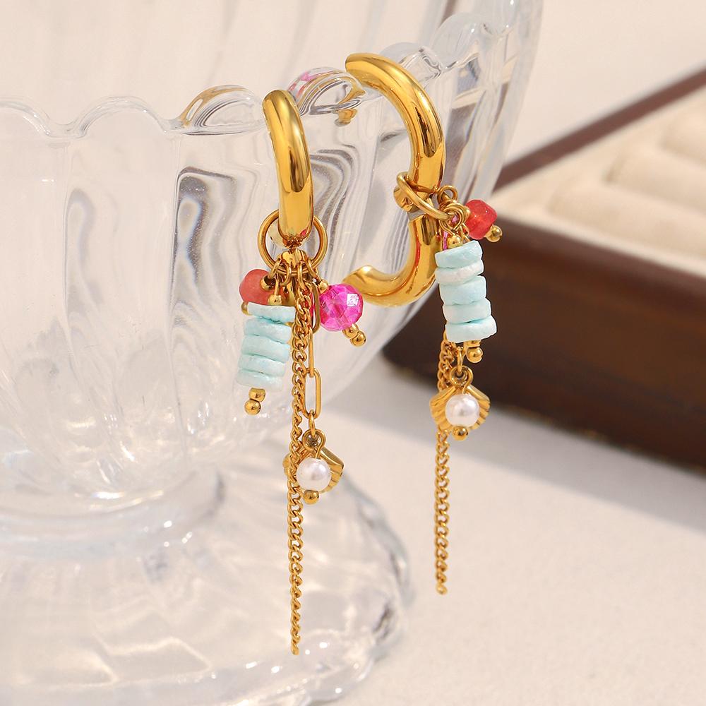 La. Muses Natural Stone Zircon Shell Tassel Pendant Stainless Steel Women's Hoop Earrings PVD Gold-plated Fashion Zircon Gift