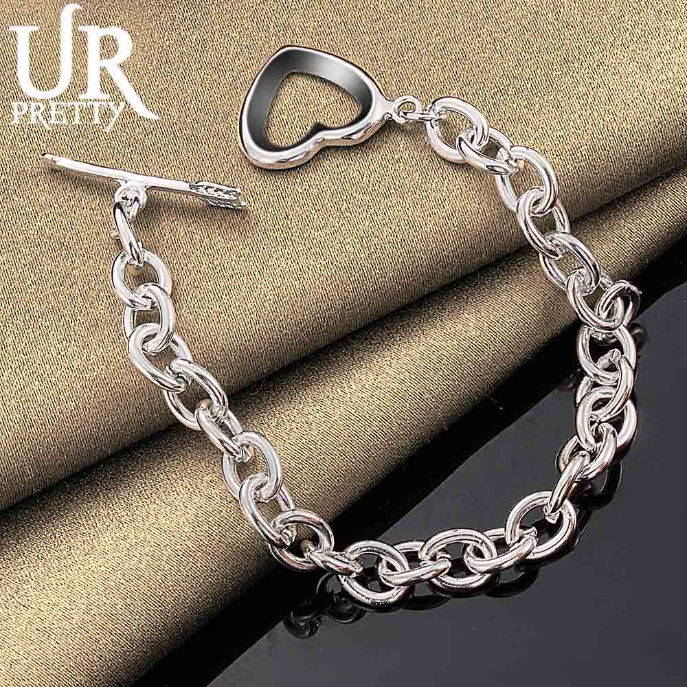 Pulseira de prata esterlina 925 clássica com corrente redonda e fivela em forma de coração e flecha, joias de casamento da moda