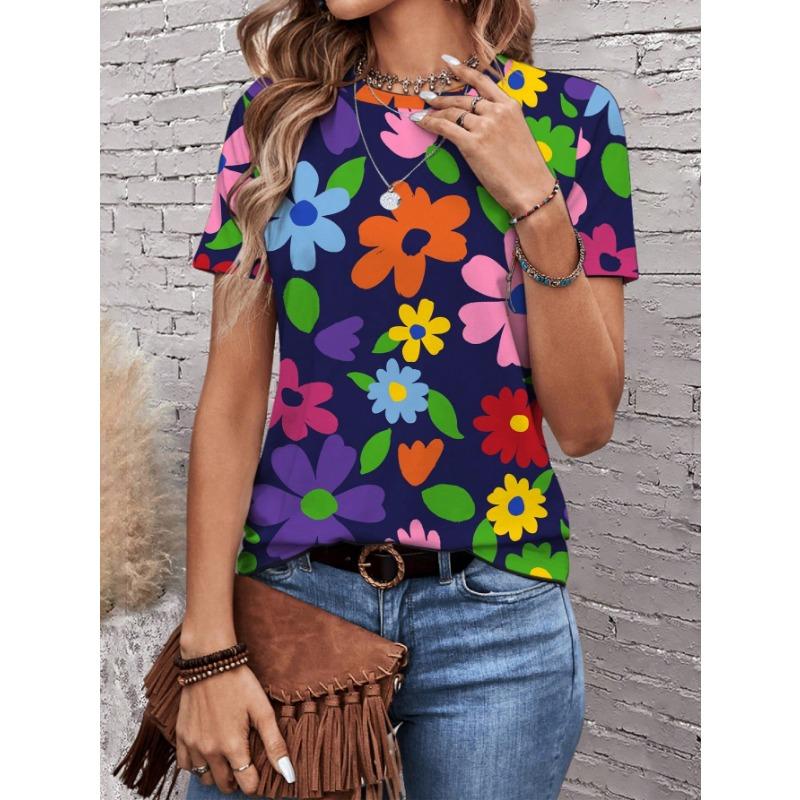 Summer Round Neck Flower Pattern 3D Print Top Fashionable Casual Short Sleeved Women's T-shirts