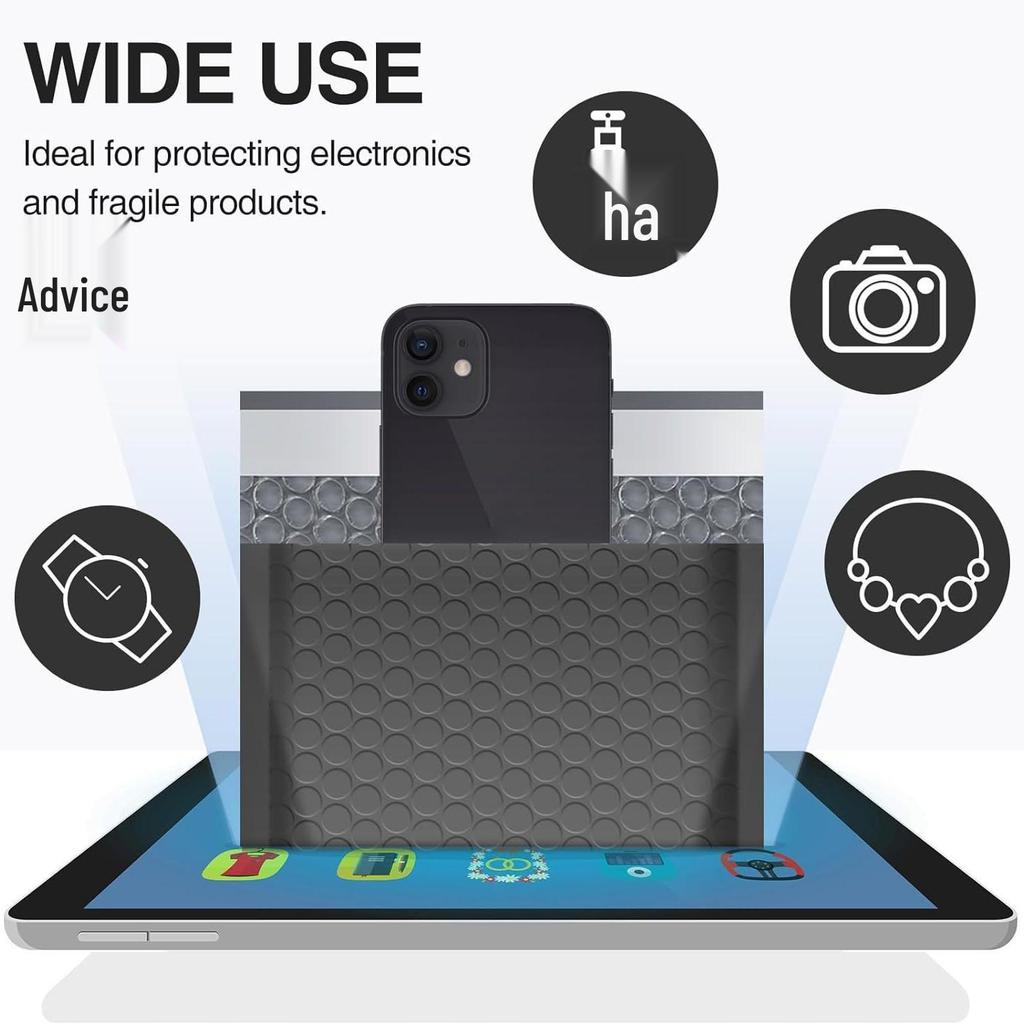 Black Polyester Padded Self-Seal Bubble Mailers - Waterproof Shipping Envelopes for Small Business