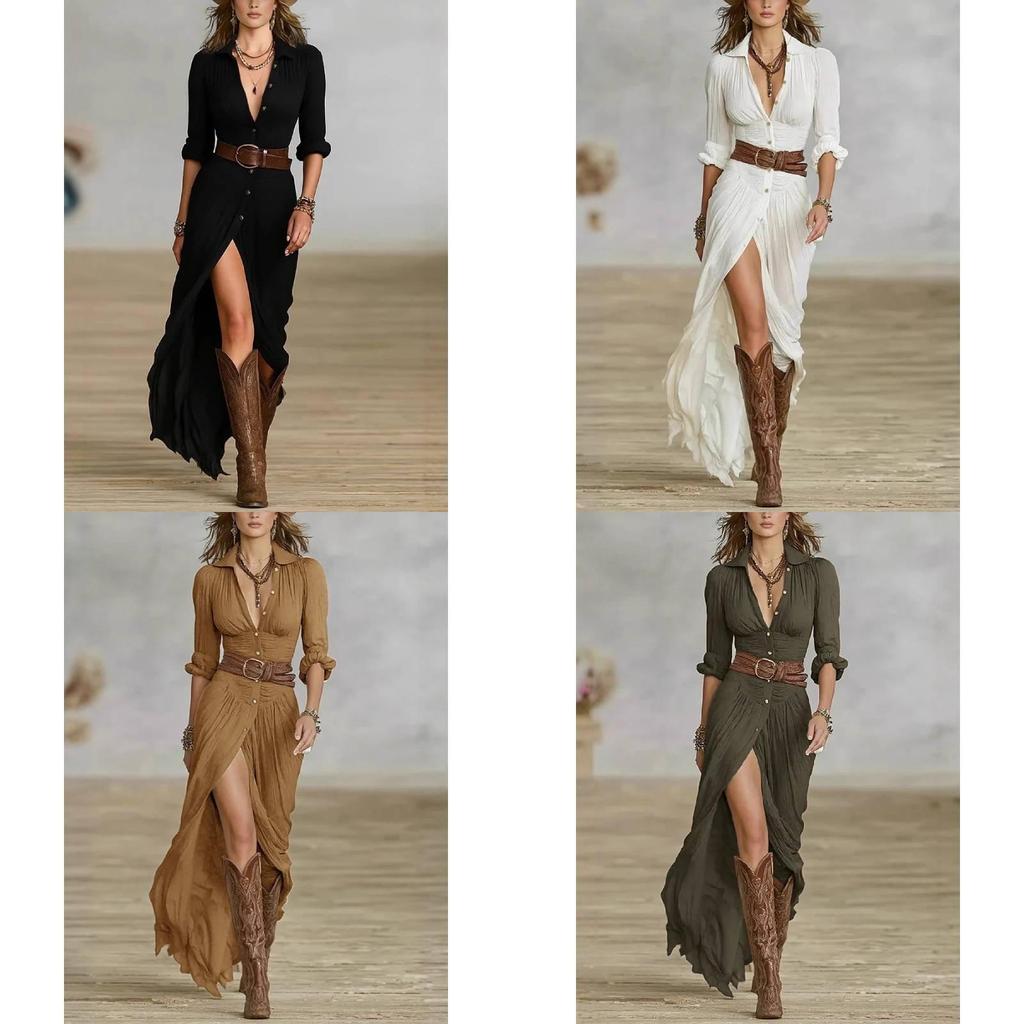 Elegante Vintage Franse Stijl V-hals Jurk met Tailleband en Lange Mouwen voor Kantoor en Casual