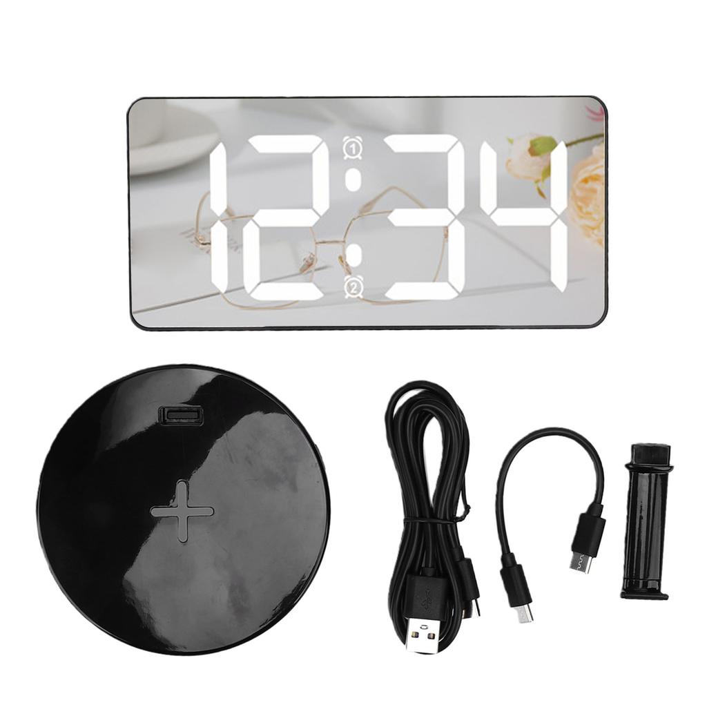 Digital Alarm Clock with Wireless Charging RGB Mirror LED Display Bedside Clock with Adjustable Brightness Snooze for