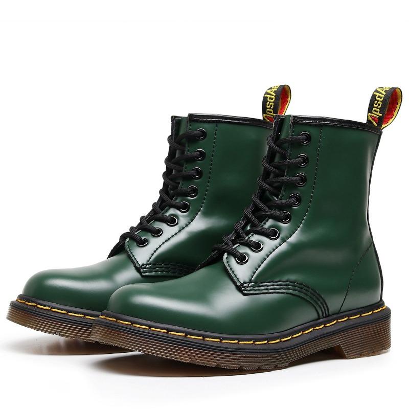 Botas de trabajo de caña alta clásicas de cuero duro con borde abierto y cuentas, botas cortas para hombre y mujer, botas de cuero brillante, zapatos de locomotora de punta redonda