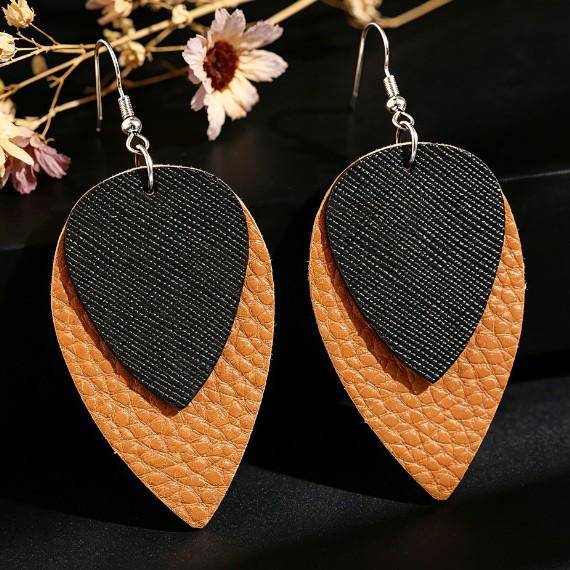 Retro Double Layer PU Leather Teardrop Sequin Earrings