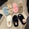 Thick bottom heightening fluffy slippers women's outer wear 2025 new autumn and winter fashion muffin plush one-word cotton mop