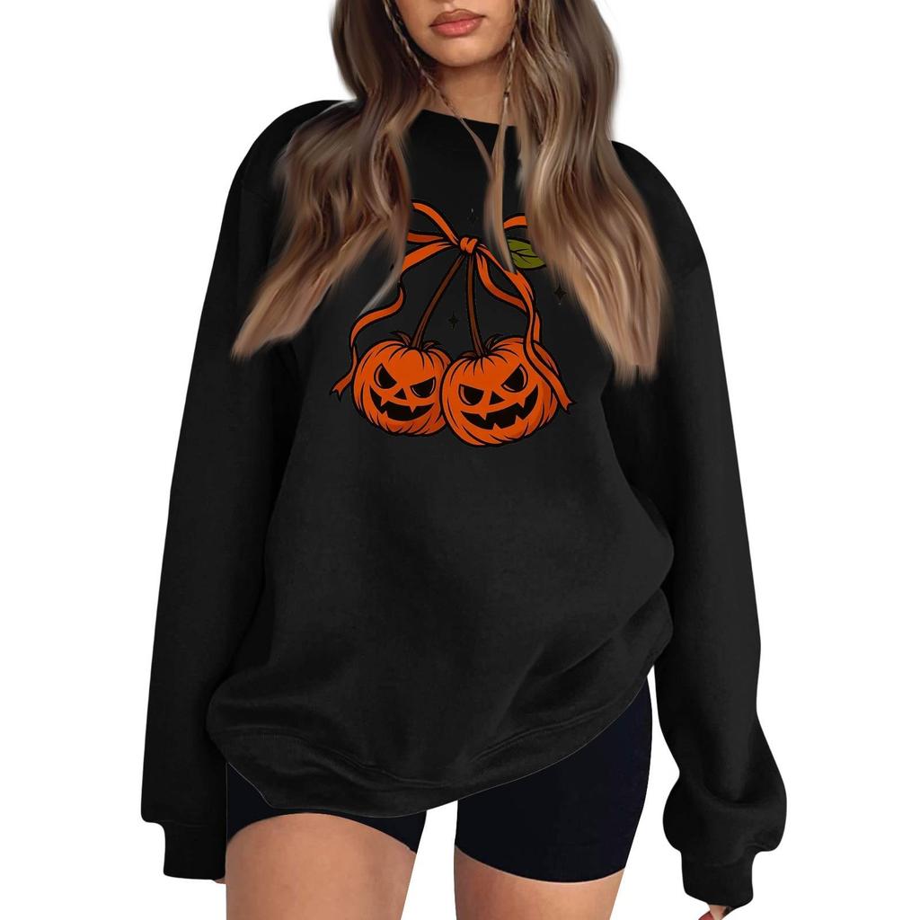 Women's Comfortable Sweatshirt Casual Loose Fit Round Neck Long Sleeve Pullover, Color with Halloween Small Print