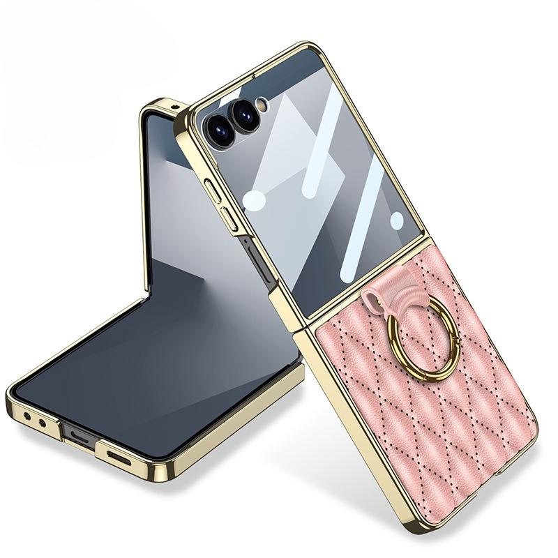 Applicable To Samsung ZFlip7 Folding Mobile Phone Case Electroplated Ring Plain Leather Advanced Sense Diamond FLIP5 Small Fragrance
