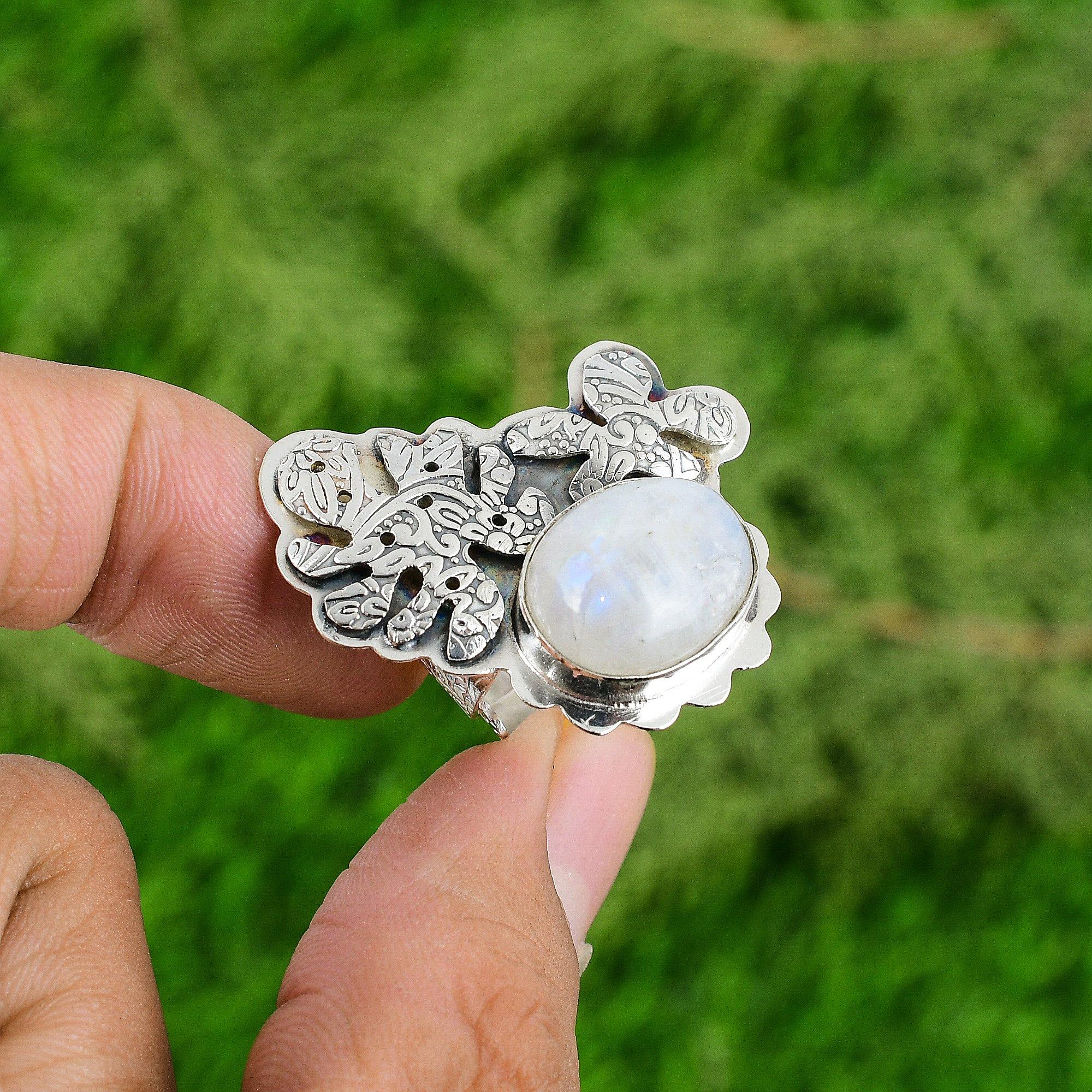 

Mothers day Deal Natural Rainbow Moonstone Sterling Silver Crown Chakra New Ring Adjustable