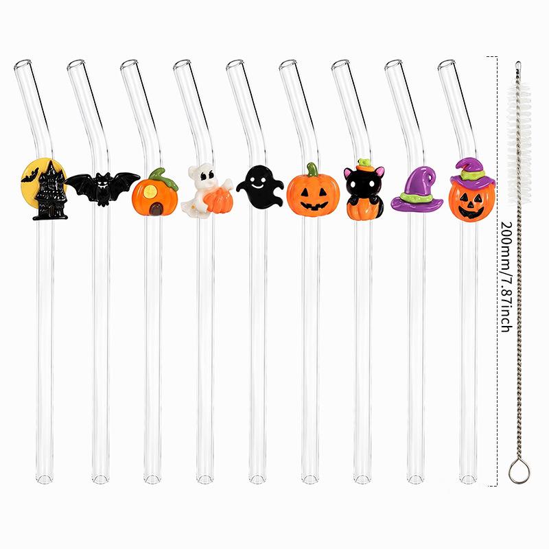 Halloween Glass Straws Set: 9 Colorful Straws with Cleaning Brush Included.