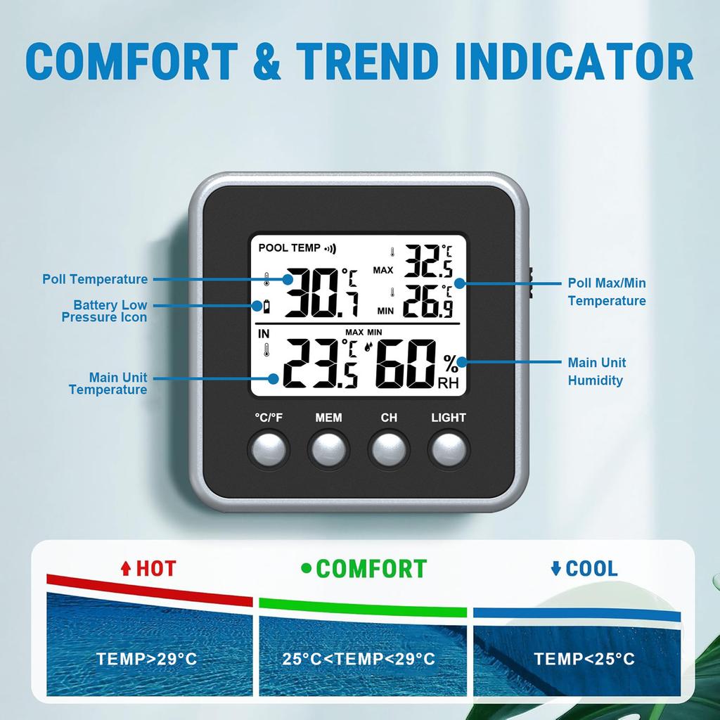 Wireless Floating Digital Thermometer Waterproof Digital Pool Thermometer with Indoor Display for Spa Plunge Pools Aquarium Pond