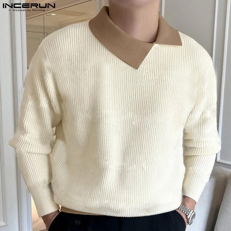 

INCERUN Men Lapel Neck Long Sleeve Stitching Knitted Casual Sweaters M чёрный