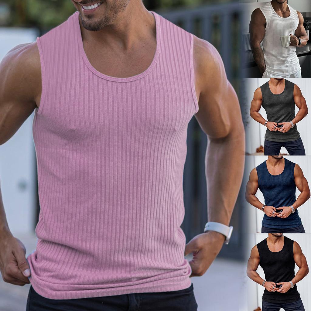Summer Knitted Vertical Bar Fitness Sports Leisure Slim Fit Tank Top For Men Sleeveless Wide Shoulder Tank Top For Men