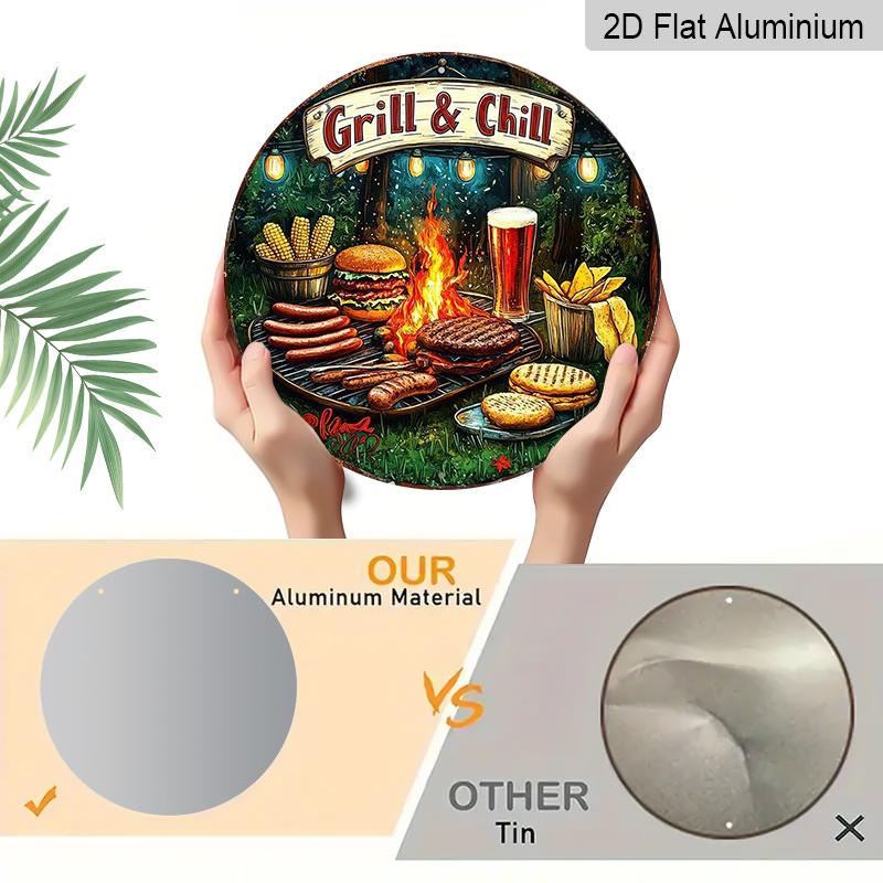 2D Flat, 1pc Vintage Grill & Chill BBQ Metal Aluminum Wall Sign - Round Art for Indoor/Outdoor Decor, Perfect for Rustic Home, Cafe, Bar, Garage