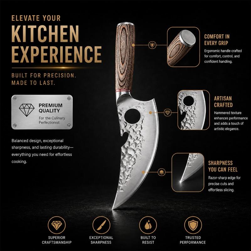 Hand Forged Kitchen Prep Knife Hammered Texture Steel Blade Ergonomic Wooden Handle Household Cooking Knife for Daily Meat and Food Preparation