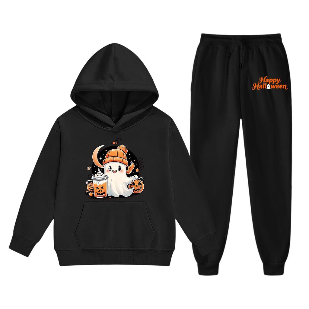 Kids Halloween Hoodie Set Ghost Print Pullover Sweatshirt and Pants Outfit Soft Comfortable Fabric Suitable for Fall and Winter Wear