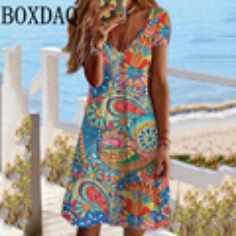 Women's Sundress Midi Dress Short Sleeve Floral Print Summer Casual V Neck Loose Dresses Plus Size 2024 Female Clothing Vestidos