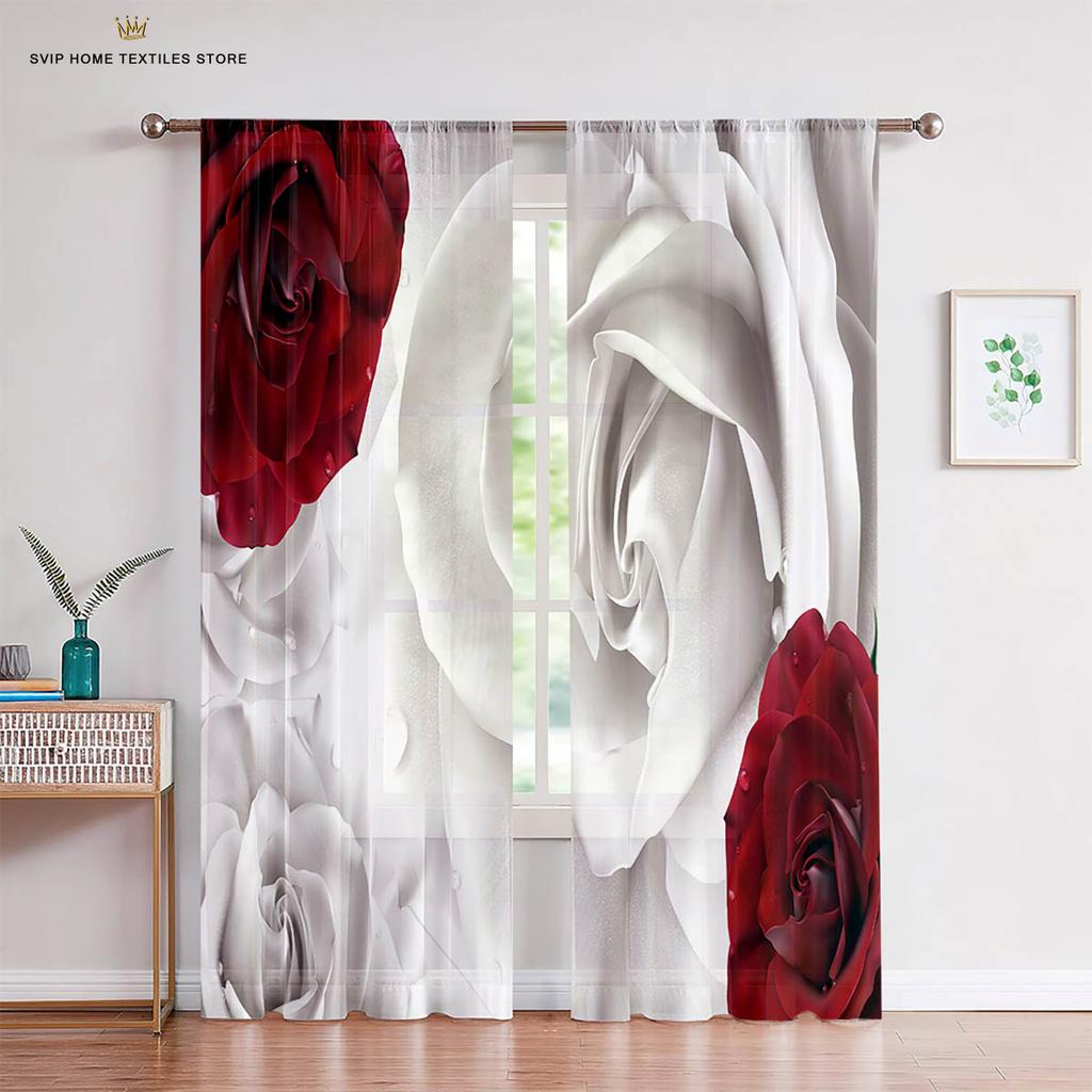 Red Retro Rose Flower 3D Printed Curtains, Suitable for Bedroom, Living Room, Balcony, Kitchen, Decorative, Easy to Wash