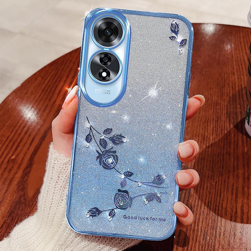 

For Oppo A60 4G TPU Case Rhinestone Decor Phone Cover Flower Pattern Blue
