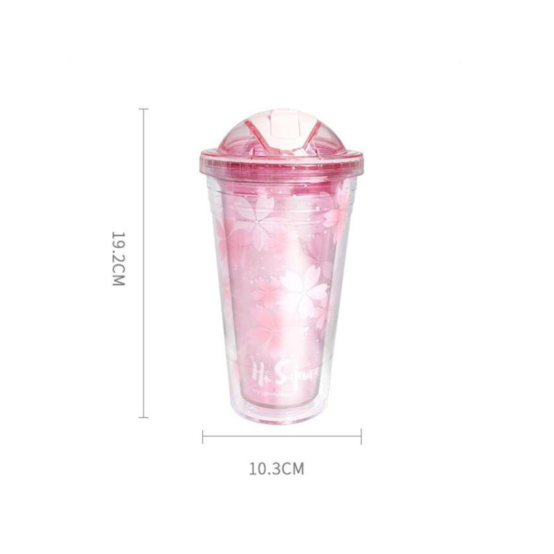 480ml Sakura Plastic Cups Double Wall Hidden Straw Iced Cup Creative Juice Drinking Cup Kids Gift Water Bottle for Outdoor