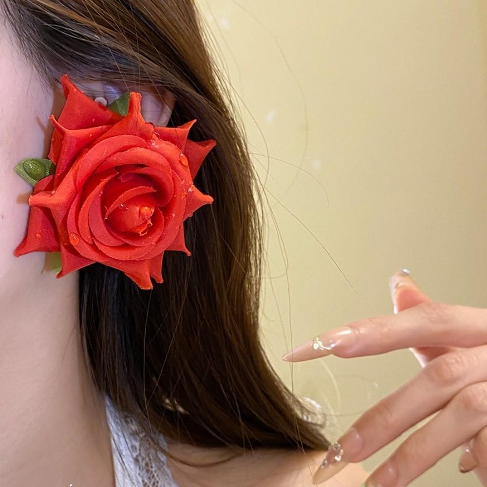 French Style Rose Flower Earrings Cloth Drop Earrings Elegant Floral Stud Earrings Beach