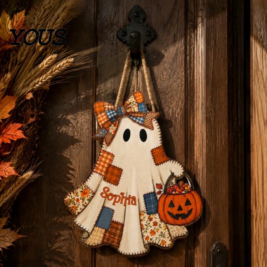 Seasonal Wall Hanging for Parties Halloween Wooden Patchwork Ghost Pendant, Vintage Autumn Harvest Sign, Cute Farmhouse Style Ornaments