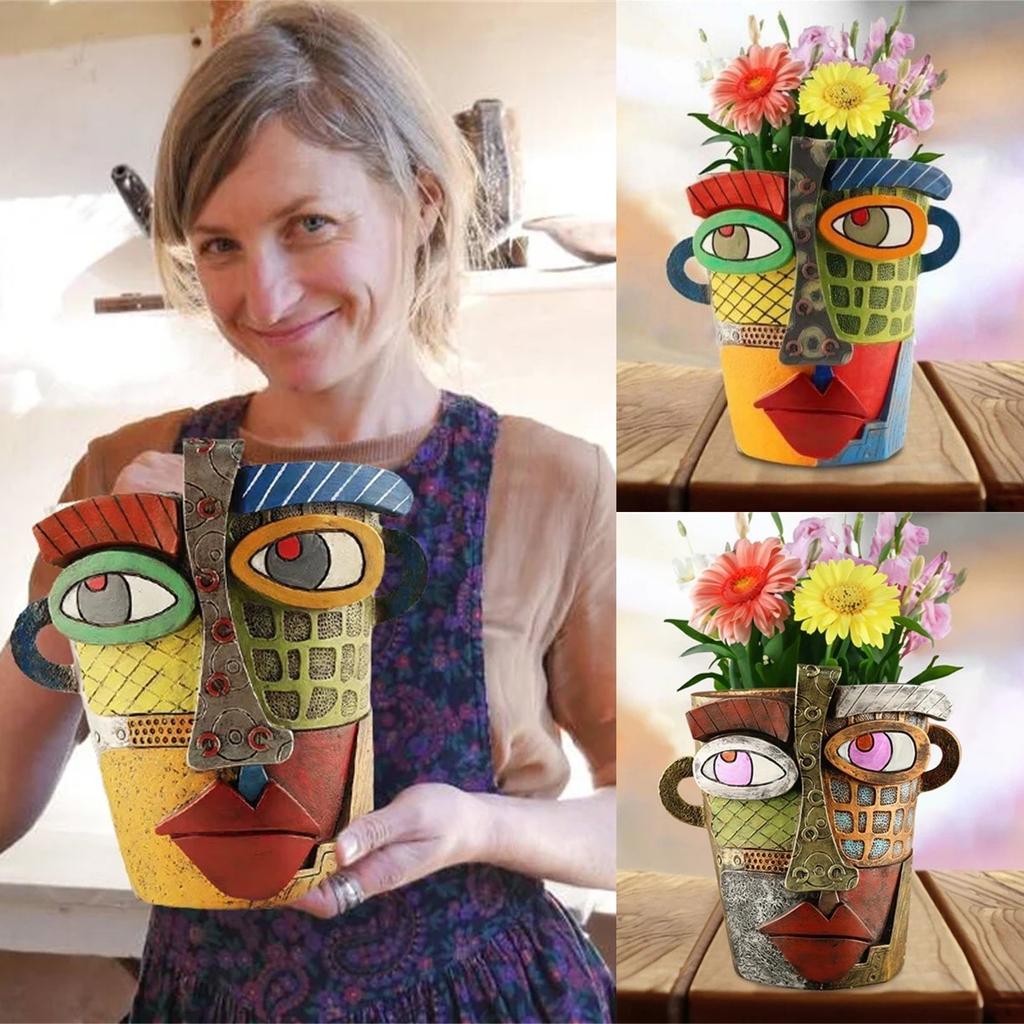 Retro Face Colorful Abstract Art Succulent Flower Pots Resin Ornaments Antique Flower Pots Creative Potted Plant Decorations