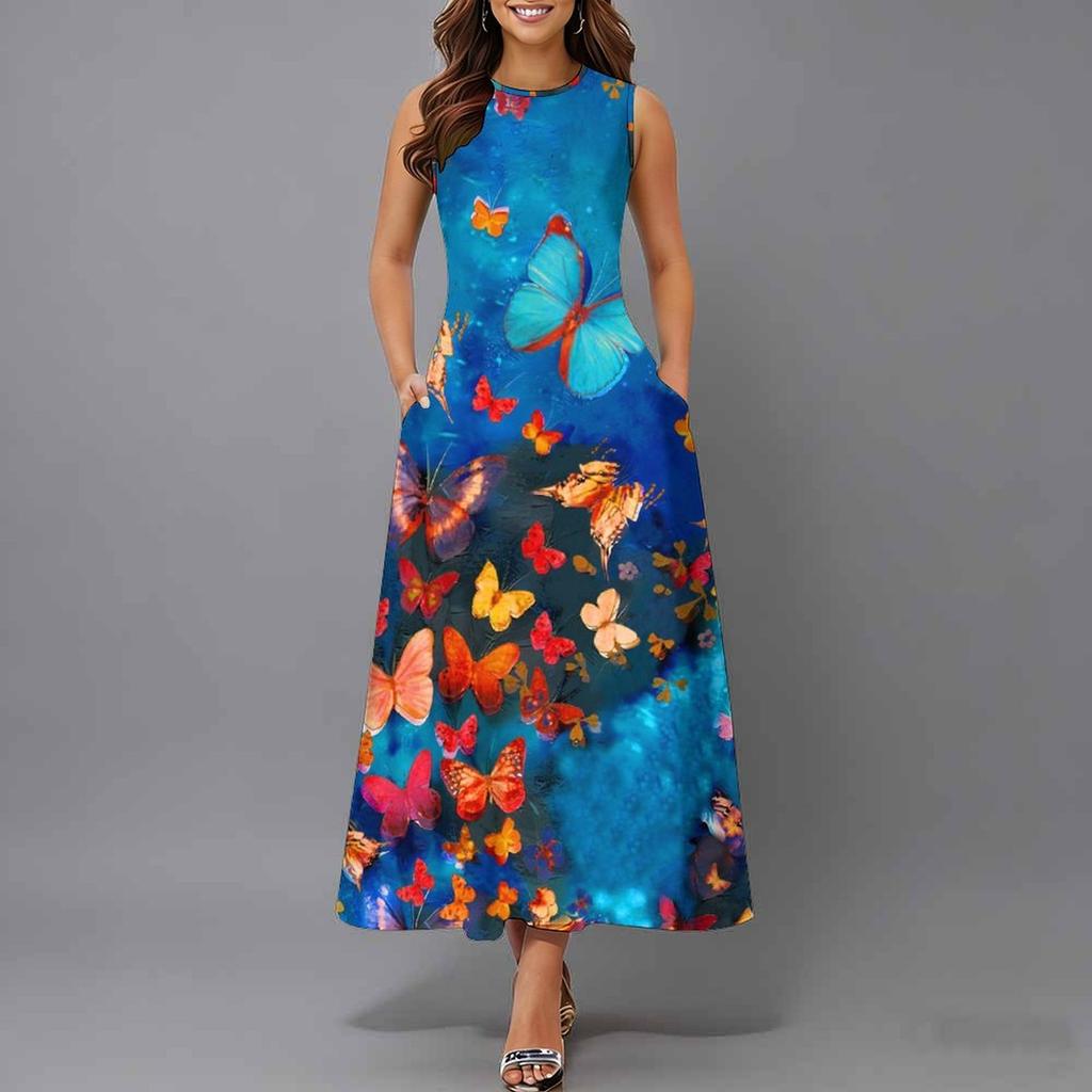 Plus Size Ladies Sleeveless Round Neck Dress Bold Tropical Palm Leaves Flowy Calf Length Dress