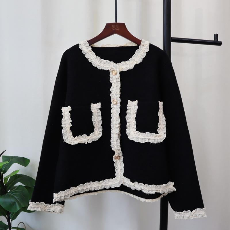 

Вязаный кардиган из шерсти с двухсторонним кружевом, осень-зима, новый, свободный, с темпераментом, свитер-жакет женский one size fits all чёрный