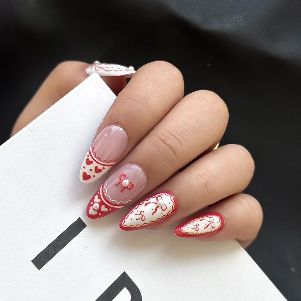 New Year French Almond Red Heart Pearl Bow False Nails