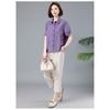 Women's Purple Polo Collar Short Sleeve Blouse with Floral Embroidery Pockets Loose Fit Cotton Linen Casual Top Shirts