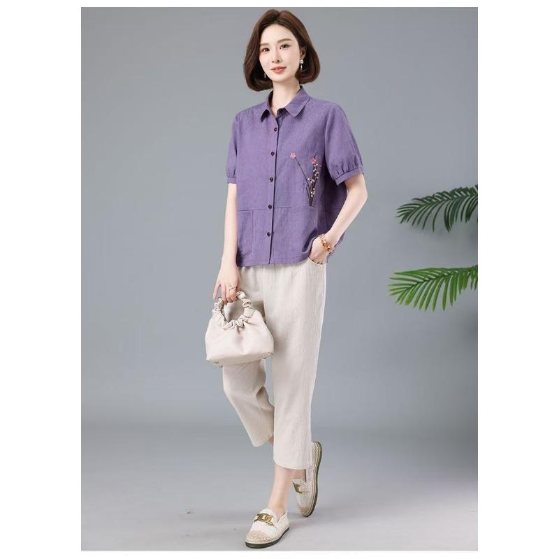 Women's Purple Polo Collar Short Sleeve Blouse with Floral Embroidery Pockets Loose Fit Cotton Linen Casual Top Shirts