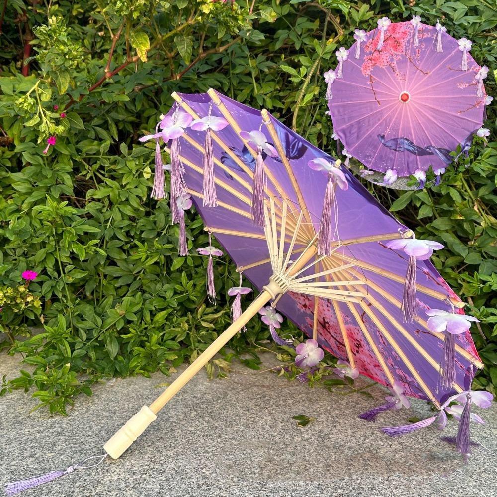 56cm Fabric Tassel Umbrella Handheld Chinese Style Ancient Dance Umbrella Rainproof Windproof Chinese Antique Umbrella