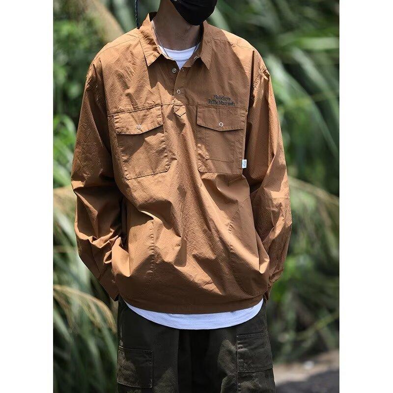 Japanese Retro Simple Letter Embroidered Shirt Men's Long Sleeve Lapel Multi-Pocket Casual Shirt Spring and Autumn Coat
