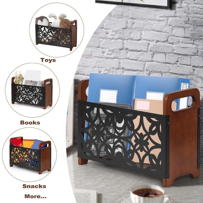 Multifunkční stojací úložný regál na knihy, časopisy, noviny Dřevěný organizér Elegantní domácí dekorace
