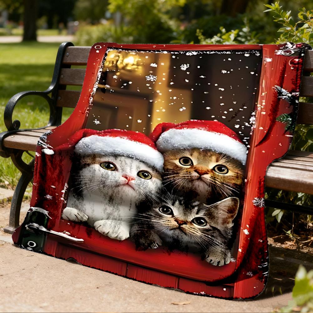 1pc Christmas Cats Outdoor Flannel Blanket Soft All Season Polyester Throw , Perfect for Picnics & Travel , Picnic Accessory