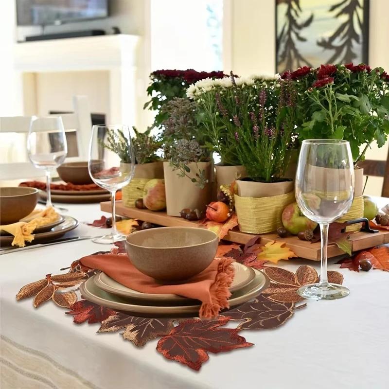 Autumn Maple Leaf Hollow Embroidery Table Runner Farmhouse Thanksgiving Harvest Decor Rustic Long Table Decoration Placemat