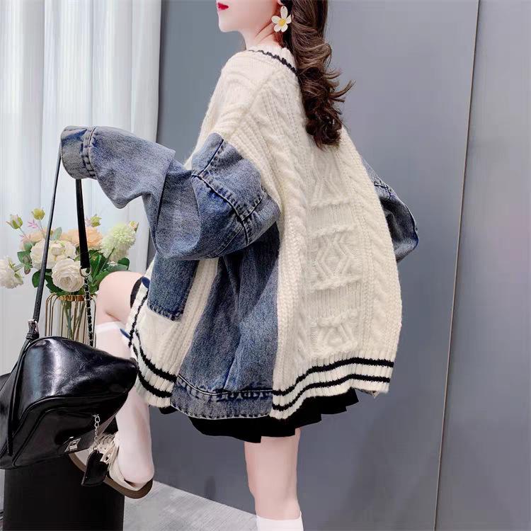 Women's Retro Patchwork Denim Cardigan Sweater – Versatile Loose-Fit Trend