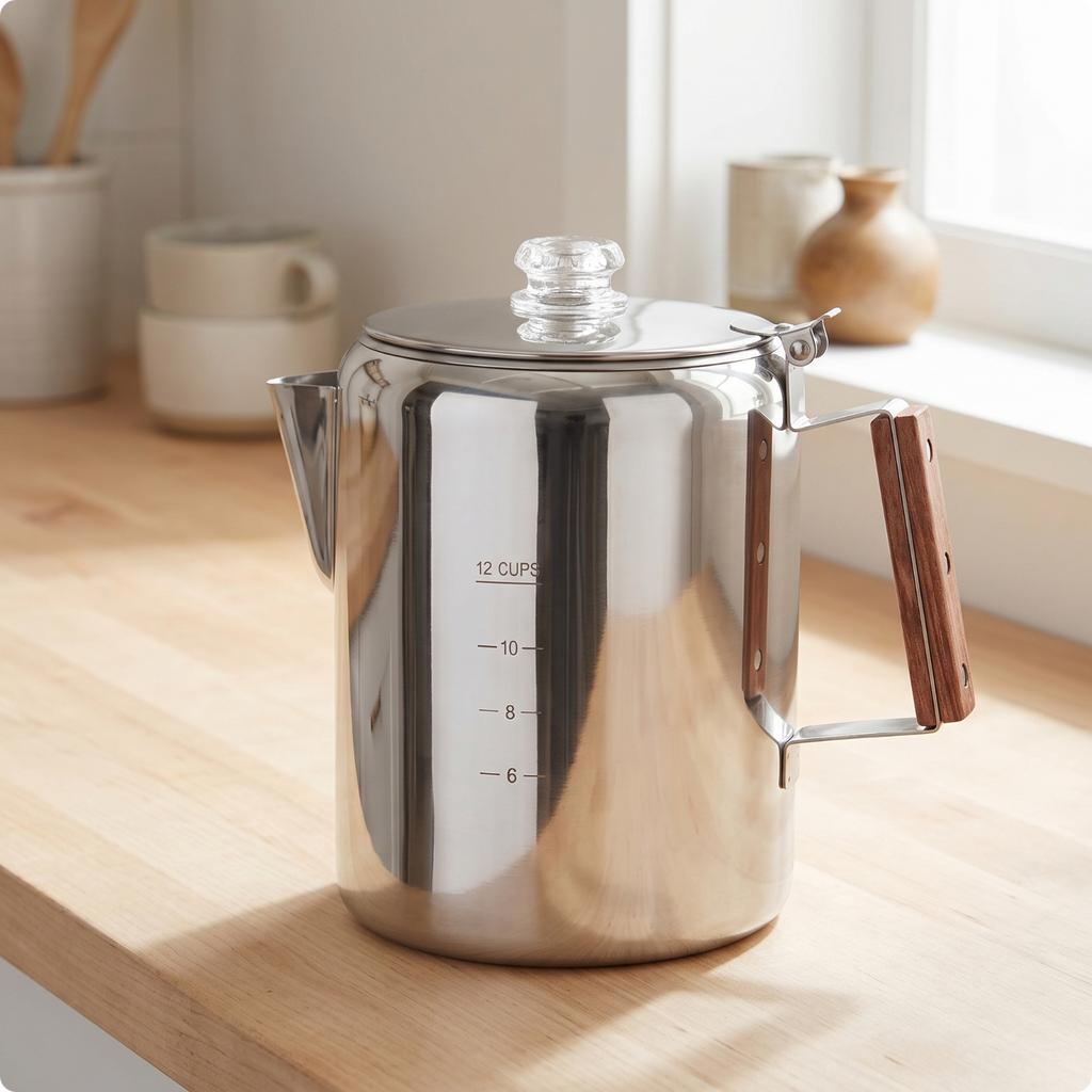 Coffee Pot with Wood-Look Handle Cordless Stainless Steel Coffee Pot Plastic-without Heavy Duty for Campers, Outdoor Cooking