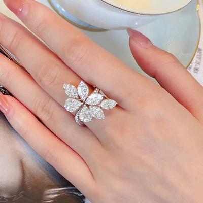 Neues Blattdesign Mode Echter Sterlingsilber Blume Zirkon Offener Ring Eleganter Damen-Alltags-Hochzeits-Verstellbarer Ring