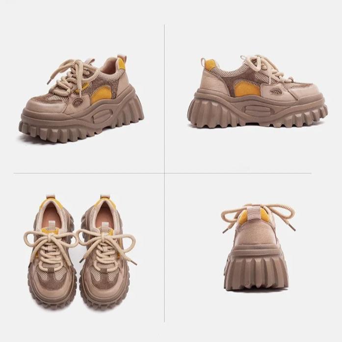 Johnature Genuine Leather Splicing Mesh Casual Shoes Lightweight Lace Up Thick Soled Women's Shoes