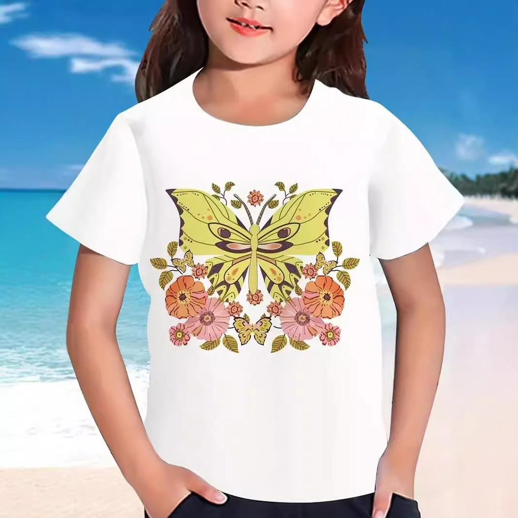 Summer Round Neck 3D Butterfly Pattern Printed Top Fashionable Casual Short Sleeved Children's Girl T-shirts