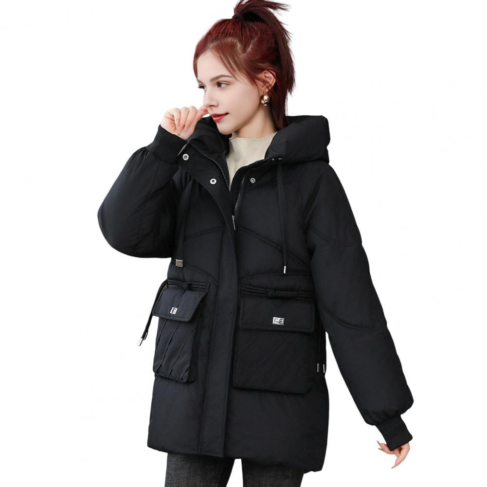 

Зимнее пуховое пальто Утолщенный с капюшоном Карманы Застежка-молния Затягивающийся шнурок Средняя длина Ветрозащитный Сохранение тепла Повседневный Для холодной погоды M чёрный