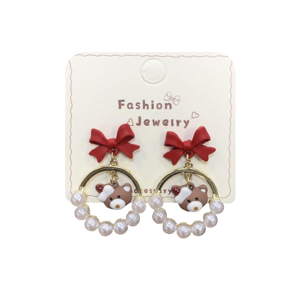 Weihnachts-Schneeflocken-Bär & Perlen-Ohrringe: Exquisites Silver Needle Design für Frauen