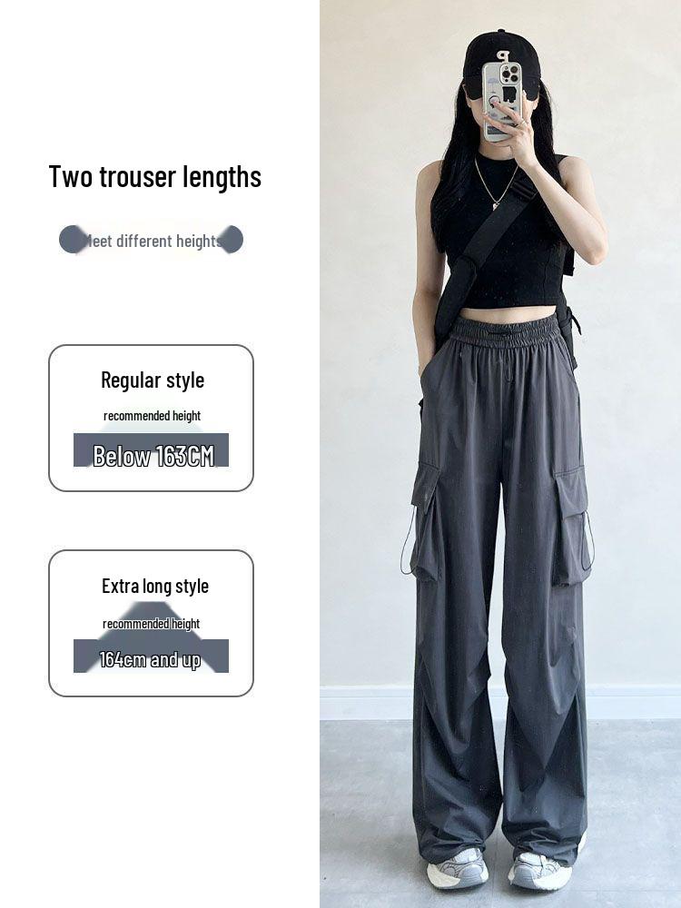 Women's High Waist Gray Wide Leg Parachute Pants - Summer Casual, Quick-Dry American Style Sportswear