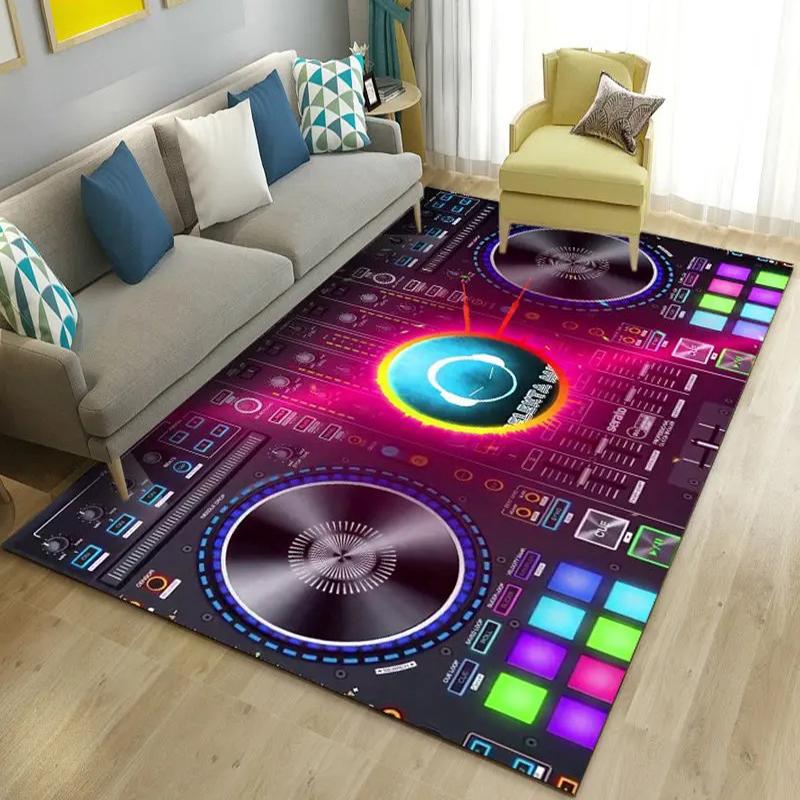 DJ Turntable Themed Large Area Rug, Colorful Mixer Console Motifs, Trendy Living Room Carpet, Varied Design Floor Cover