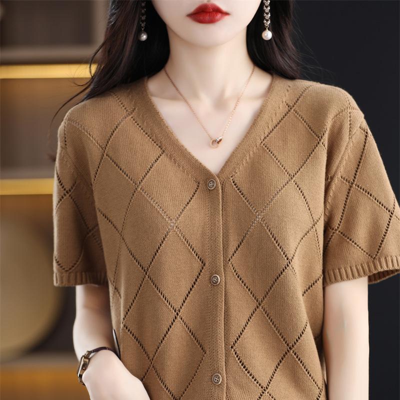 V-neck Knitted Cardigan Women's Summer Fashion Thin Short-sleeved Hollow Breasted Top T-shirt Top