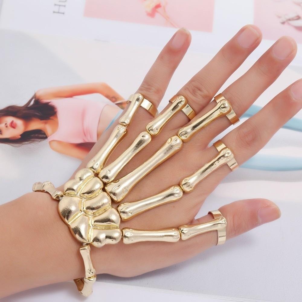 Adjustable Gothic Finger Bangle Retro Texture Halloween Hand Chain Skull Bone Bracelet  Cosplay золотой
