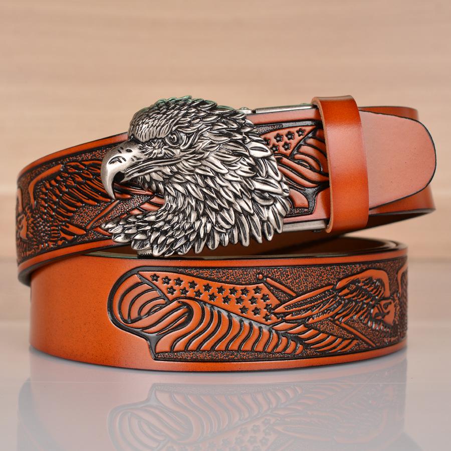 Eagle Embossed Cowhide Leather Belt with Automatic Buckle