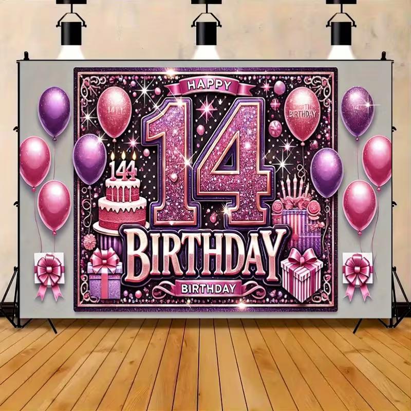 Sfondo 2D Fucsia Scintillante per il 14° Compleanno Decorazione Festa Ragazza Adolescente Tessuto di Sfondo