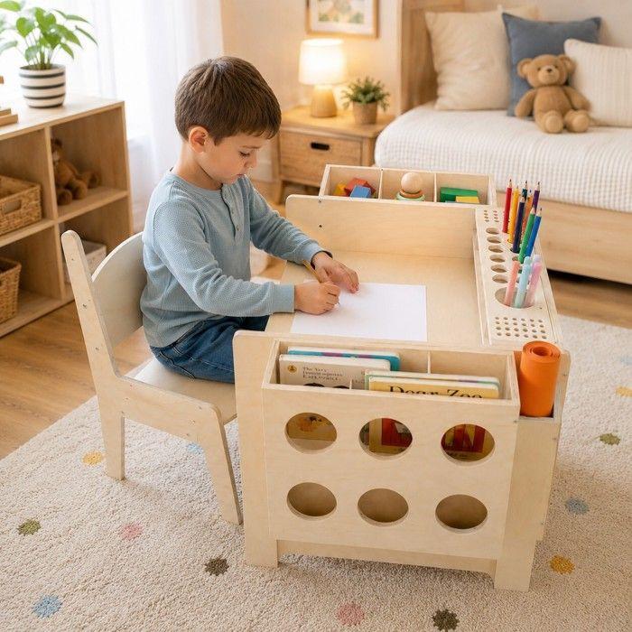 GINGER HOME Scrivania per Bambini Regolabile in Altezza con Sedia e Organizer, Tavolo Montessori in Legno Naturale, 77x50x52 cm